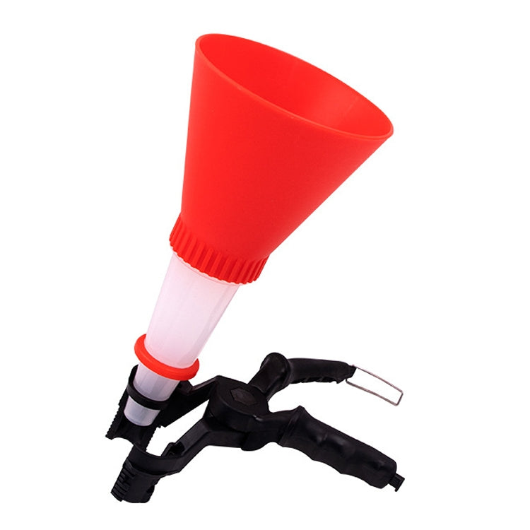 Red oil funnel tool with translucent tube and black clamp handle