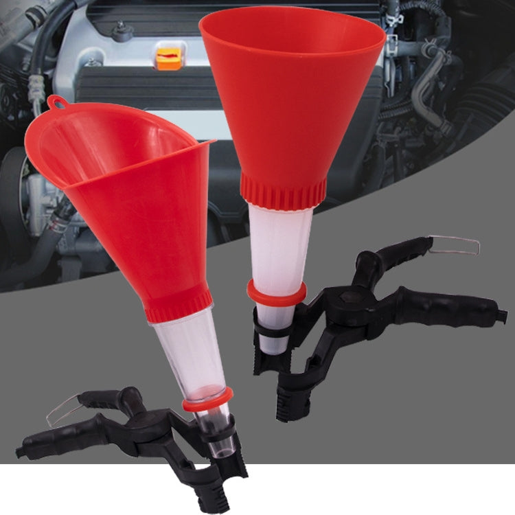 Set of red oil funnels with translucent tubes and black clamp handles