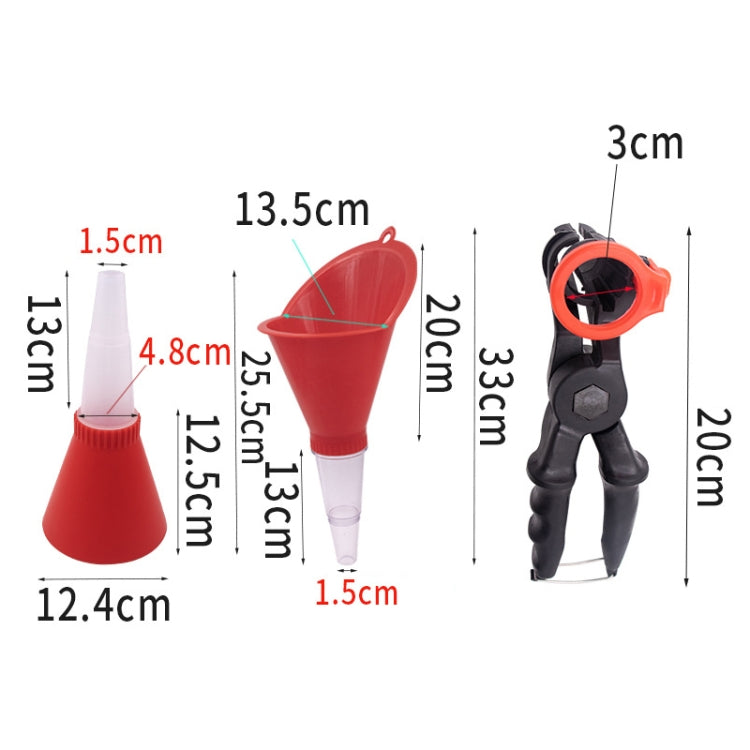 Red funnel oil filling tool with translucent tube and black clamp handle