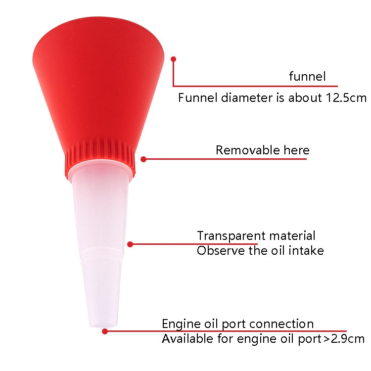 Red oil funnel with translucent tube and removable base for engine oil port