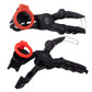 Red and black oil funnel tools with translucent tubes and wire hook clips