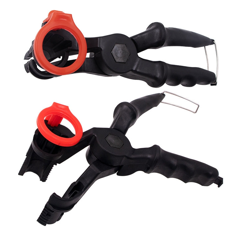 Red and black oil funnel tools with translucent tubes and wire hook clips