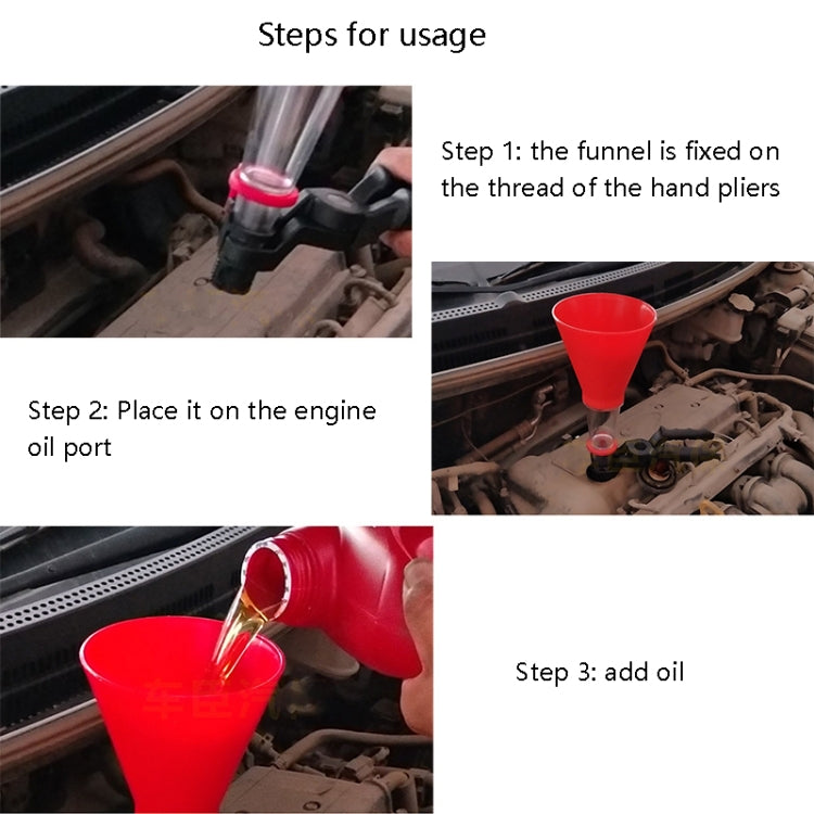 Red oil funnel tool for adding engine oil with translucent tube and clamp