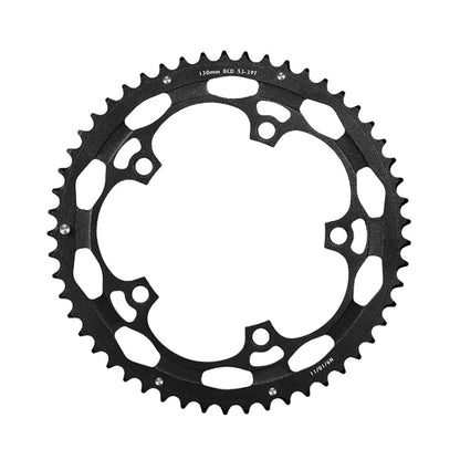 Black double oval bicycle chainring for road crankset, 53-39T tooth profile