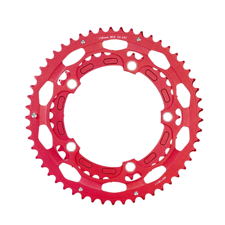 Red double oval bicycle chainring for road crankset, 53-39T tooth profile