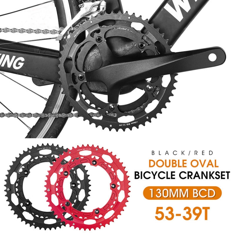 Road bike crankset with black double oval chainrings, 53-39T gear set
