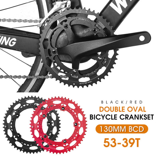 Road bike crankset with black double oval chainrings, 53-39T gear set