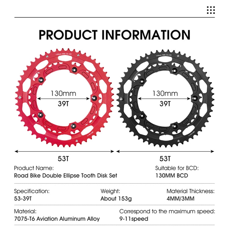Red and black double oval chainring set, 53-39T, 130mm BCD road bike