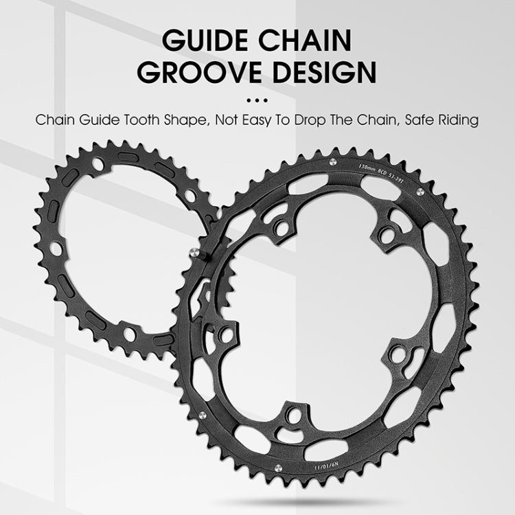 Pair of black double oval bicycle chainrings for road crankset, 53-39T