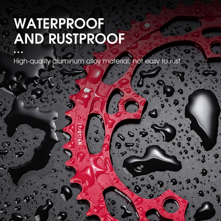 Red double oval chainring with black accents, wet-look raindrop texture