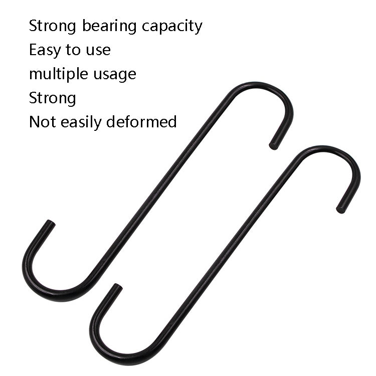 Two black S-shaped hanging hooks with compact curved ends for brake pump use