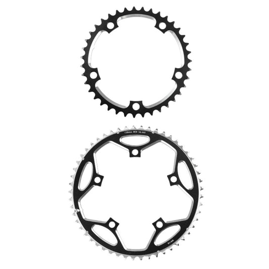 Black double chainring set with two toothed sprockets and spider mounts