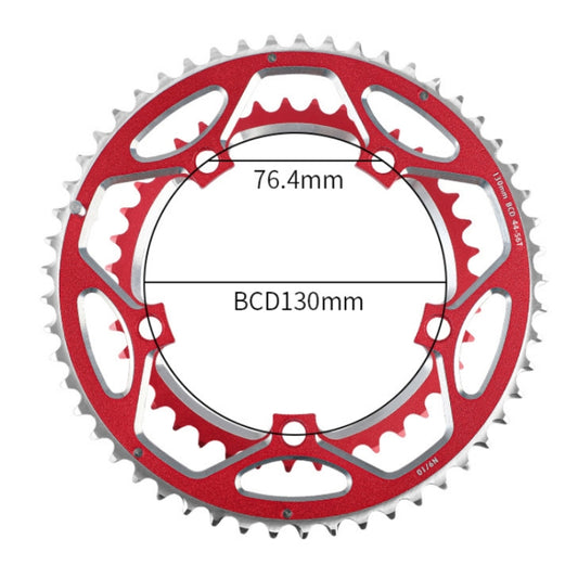 Red aluminum chainring with multiple cutouts and surrounding teeth