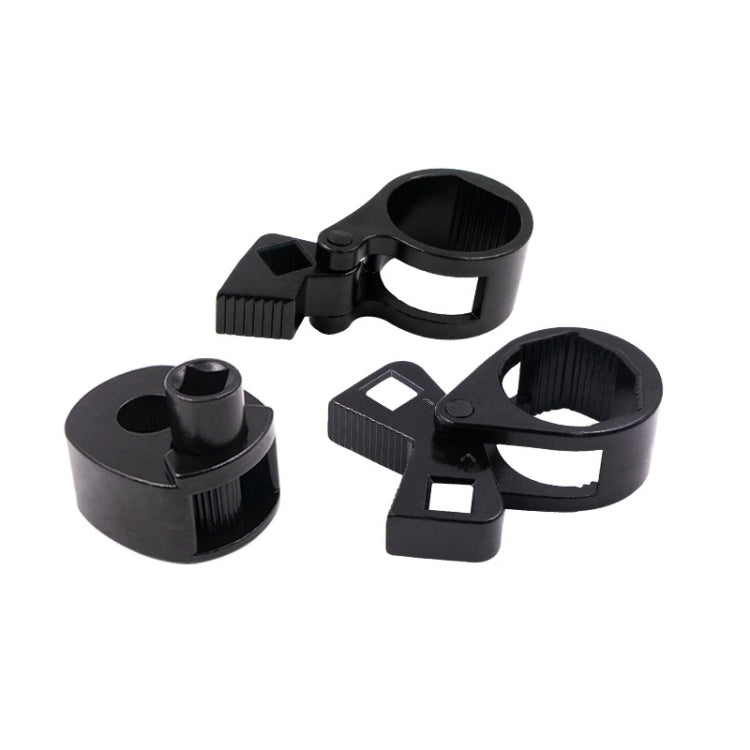 Black socket wrench heads with clamp-style prongs and gripping notches