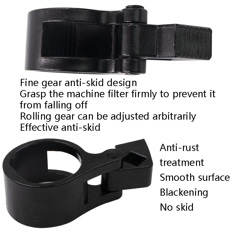 Black wrench tool with textured grip band and clamp-style prongs