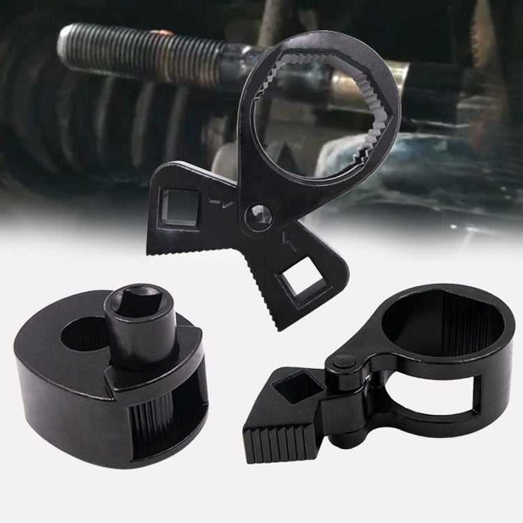 Black wrench tool mounted on a threaded rod with rotating socket head