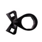 Black wrench tool with circular socket and two notched legs for grip