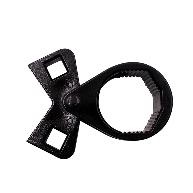 Black wrench tool with circular socket and two notched legs for grip