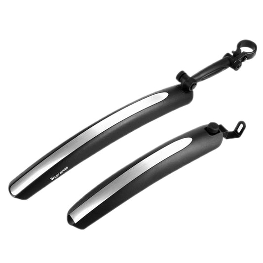 Black folding bicycle mudguards with reflective strips and mounting clips, pair.