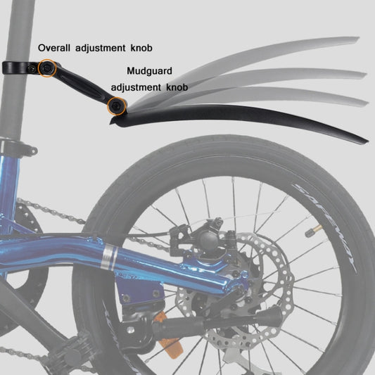 Mounted black folding bicycle mudguards with adjustment knobs and reflective strips.