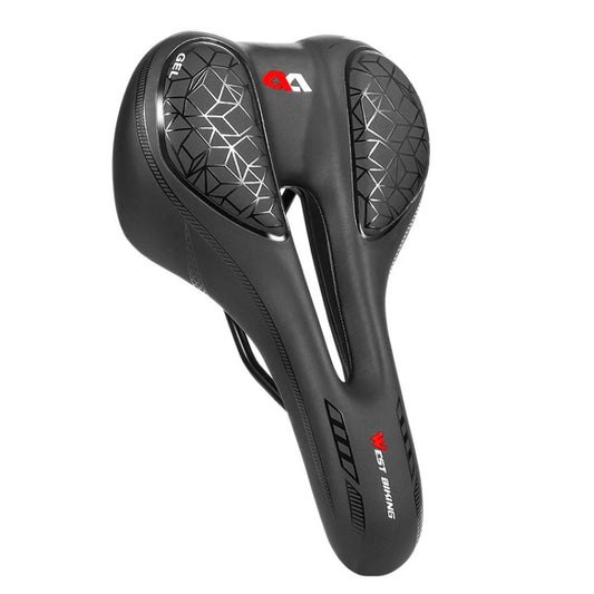 Black bicycle saddle with geometric textured side panels and central comfort cutout