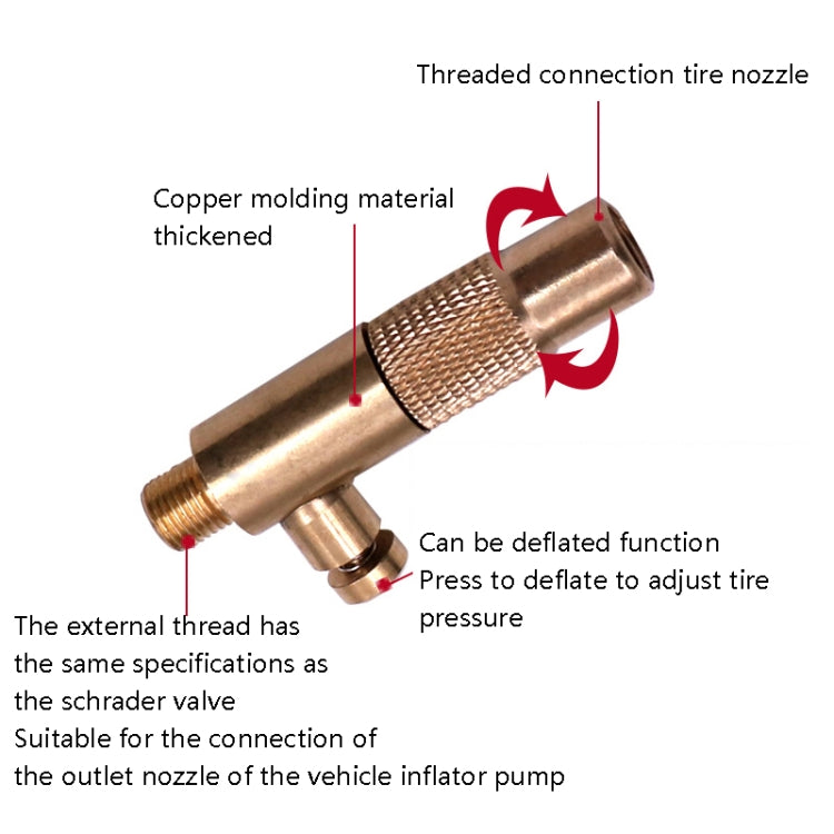 Brass threaded tire nozzle connector with mesh sleeve and press-to-deflate part