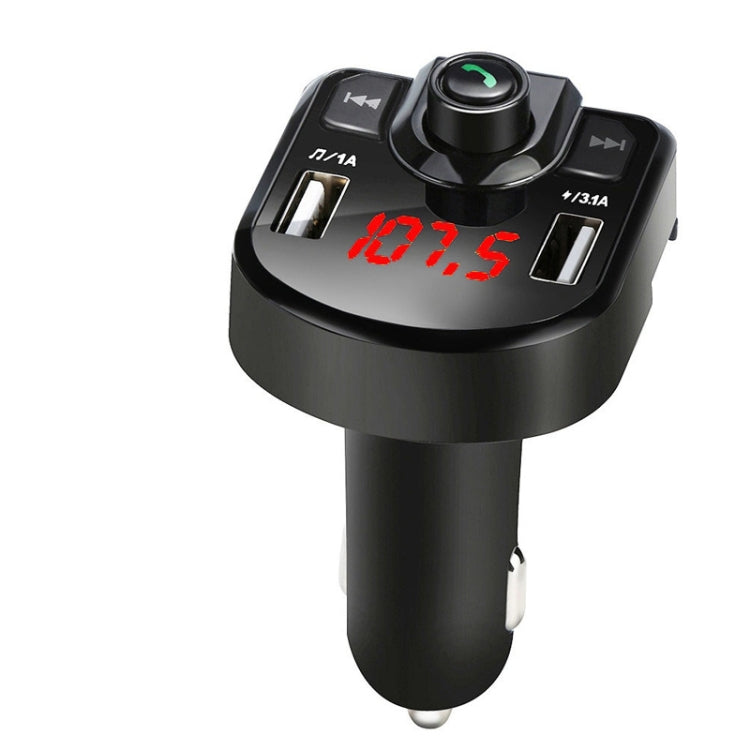 Black car Bluetooth FM charger with dual USB ports and red LED voltage display