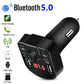 Black car Bluetooth FM charger with dual USB ports, red LED display, and Bluetooth 5.0