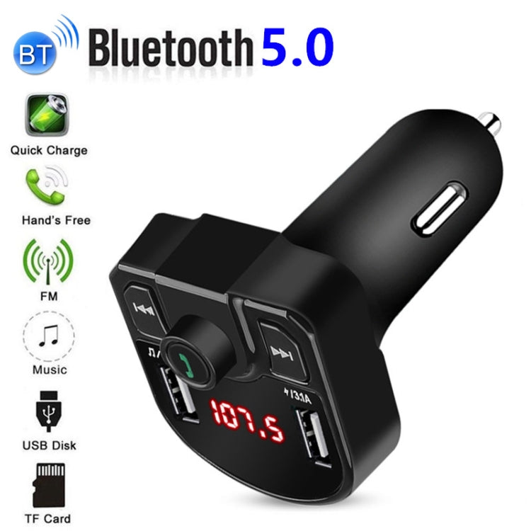 Black car Bluetooth FM charger with dual USB ports, red LED display, and Bluetooth 5.0