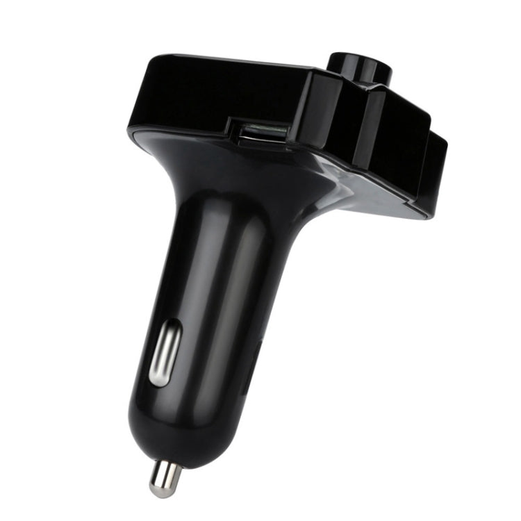 Black car Bluetooth FM charger with two USB outputs and slim cylindrical body