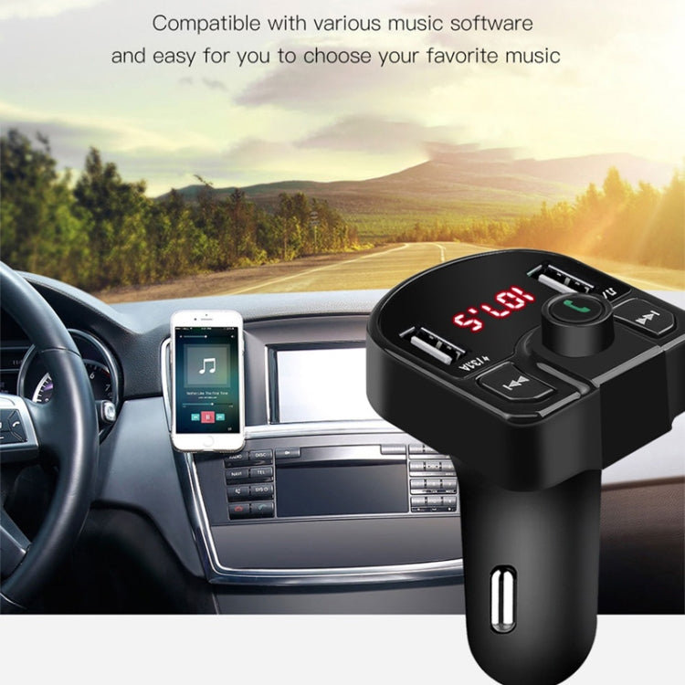 Black car Bluetooth FM charger with dual USB ports and red LED voltage readout