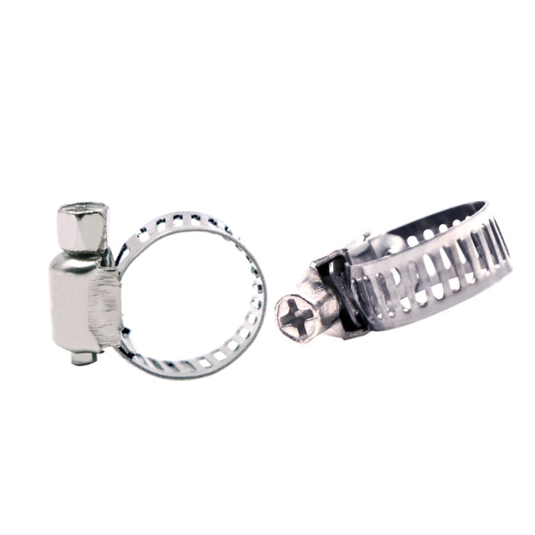 Stainless steel pipe clamp set with perforated band and screw housing, side views