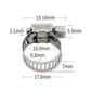 Stainless steel hose clamp with perforated band and screw housing, shown with dimensions