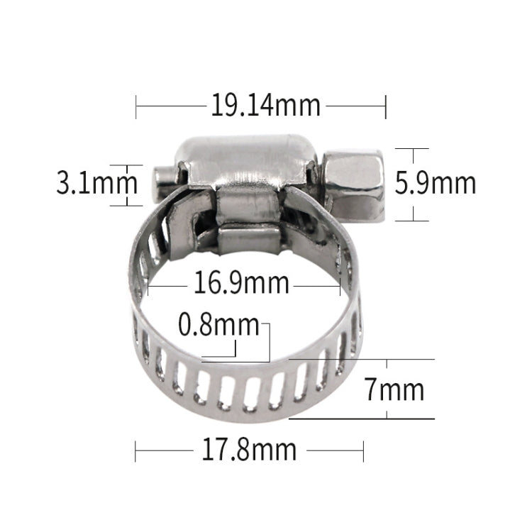 Stainless steel hose clamp with perforated band and screw housing, shown with dimensions