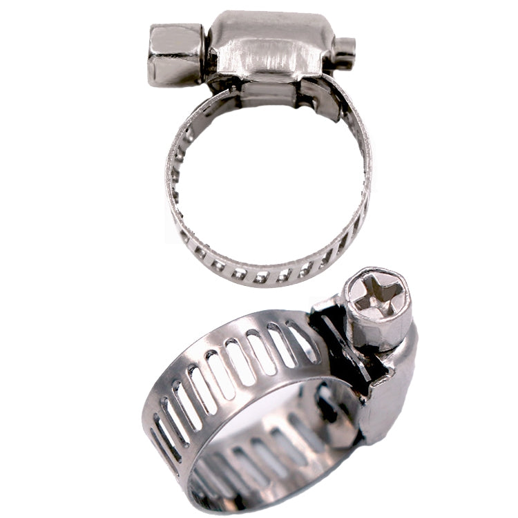 Stainless steel hose clamp with perforated band loop and screw bolt with hex head