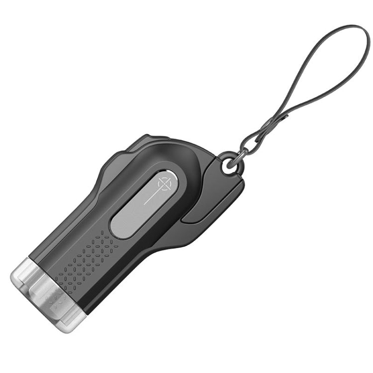Black safety hammer window breaker keychain with lanyard loop and metal striking head