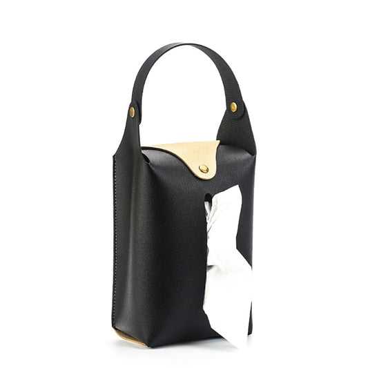 Black suspended paper towel bag with gold button strap and pull-through opening