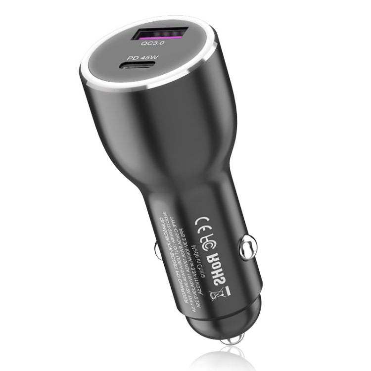 Black car USB-C phone charger with illuminated display on top and ring base