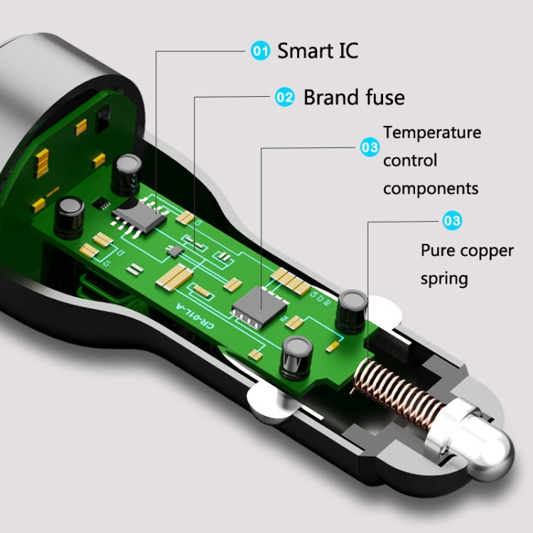 Black car charger internals with circuit board and charging contacts visible through cutaway