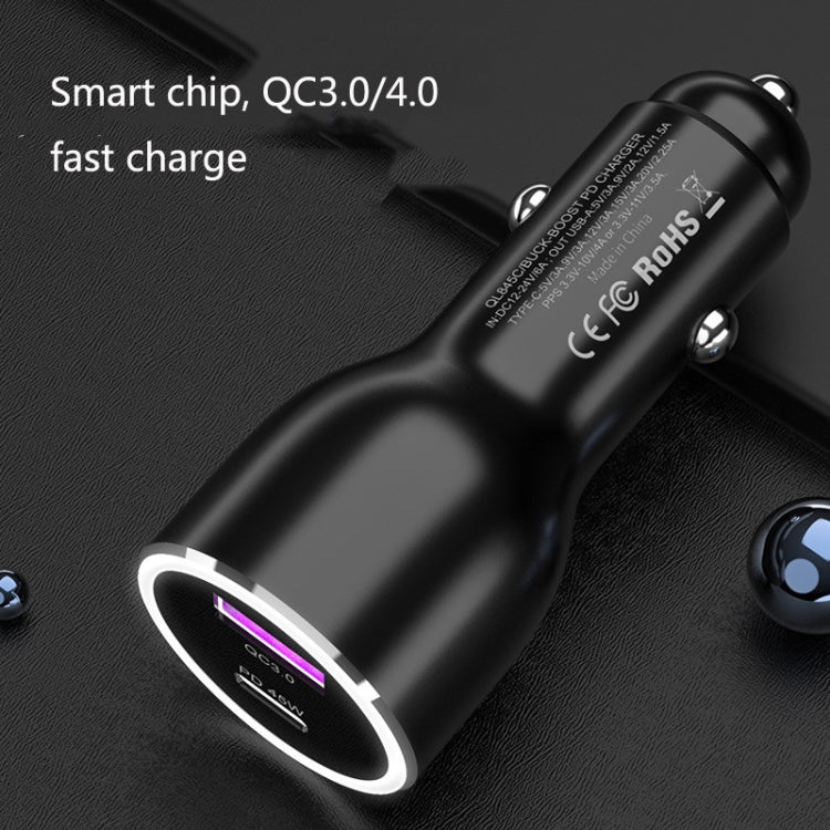 Black car USB charger with LED-ring light, embossed certifications on side