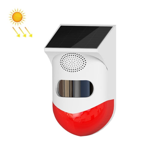 Outdoor solar alarm siren with white body, black solar panel, and red LED light