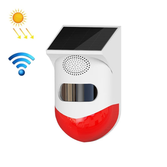 Outdoor solar alarm siren with red LED light and wireless signal icon shown