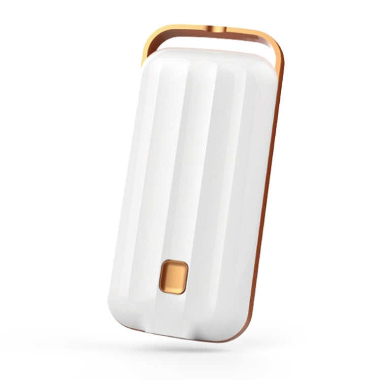 Hanging neck air purifier device in white with rose-gold handle and front control button