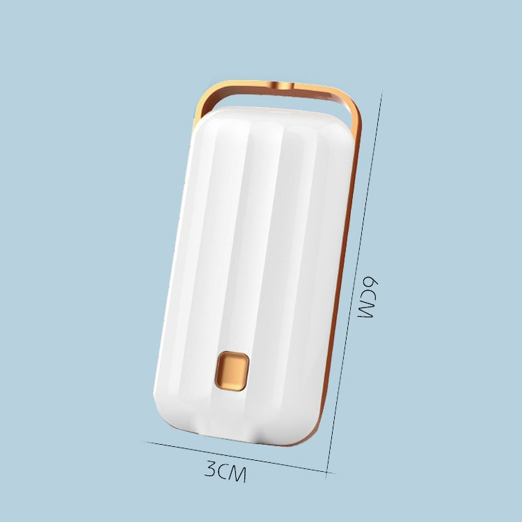 White hanging neck air purifier with rose-gold trim and small square power button; size shown