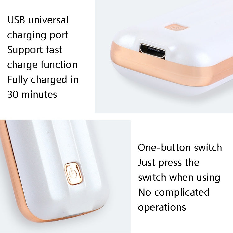 Close-up of white air purifier showing USB charging port with rose-gold trim