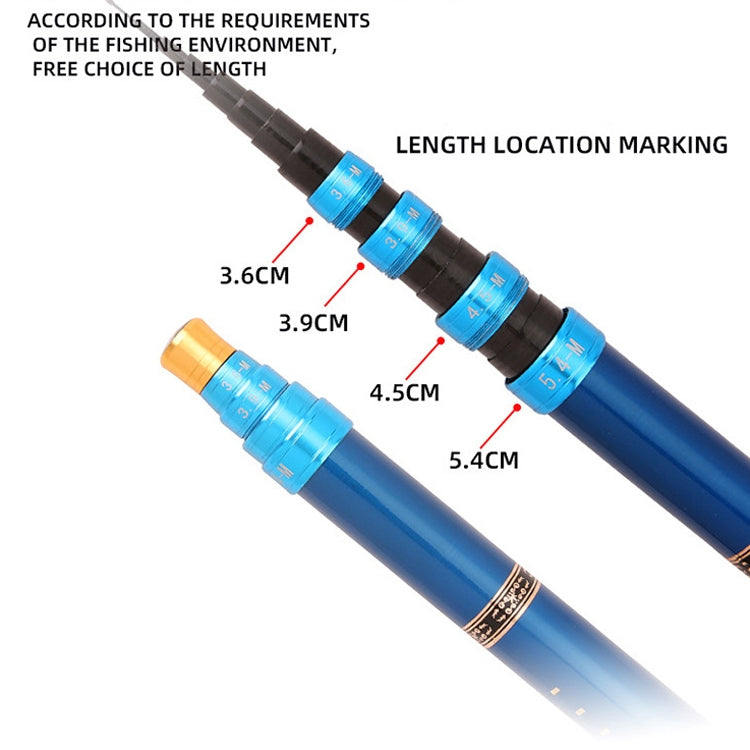 Blue carbon fishing rod sections with blue adjustment rings and length marking bands