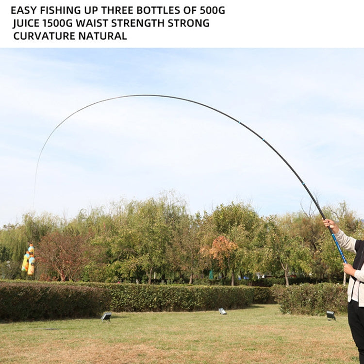 Blue fishing rod held by hand with orange tip cap, extended outdoors