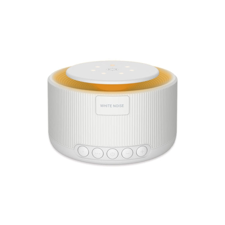 White cylindrical white-noise sleep device with warm orange top ring and touch buttons