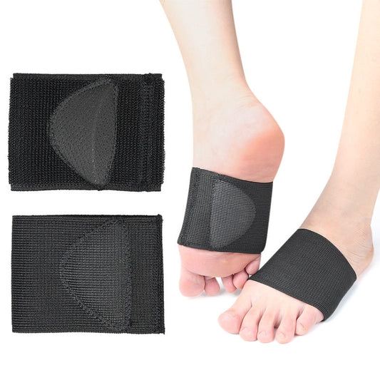 Black elastic half foot pad with arch insert, worn on foot with folded pad shown