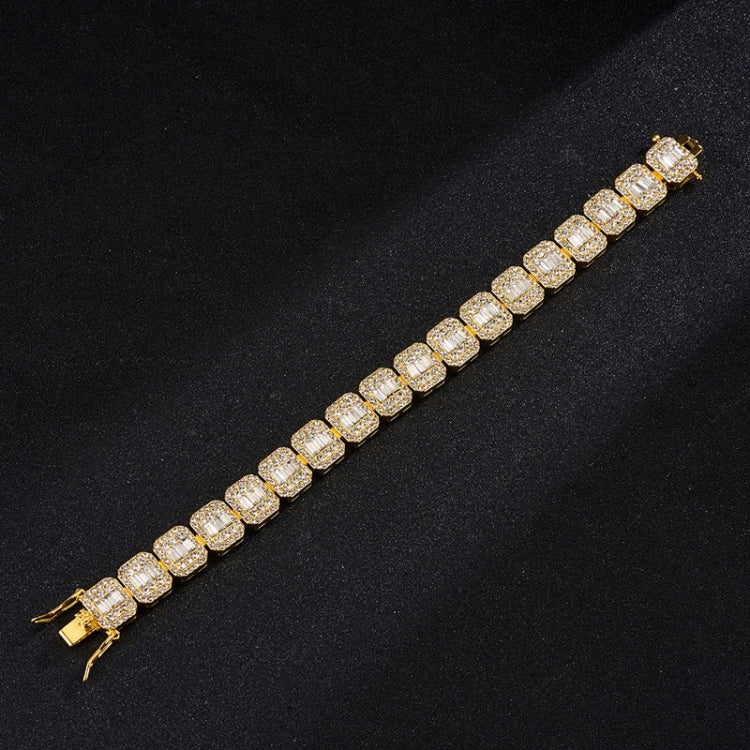 Gold-tone tennis bracelet with square rhinestone links and small clasp end.